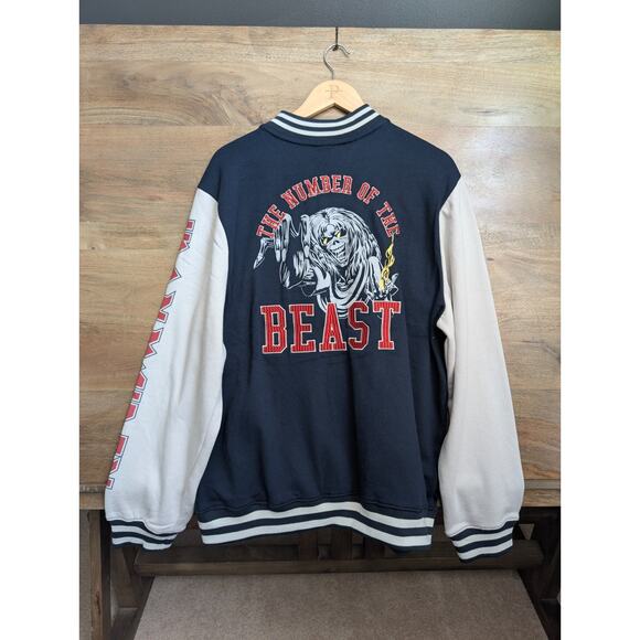 Hot Topic Varsity Jacket Mens L Navy Iron Maiden The Number of The Beast Snap - Picture 2 of 3